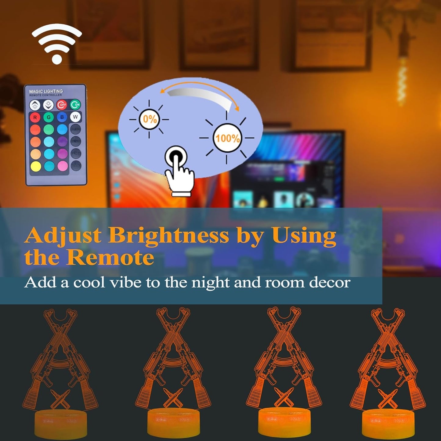 AK47 Night Light, Gun Model Gifts, 16 Colors Changing 3D Lamp with Remote Control, Dimmable, RGB Flashing Mode and Timer, Game Living Room Decoration, Holiday Xmas Gifts