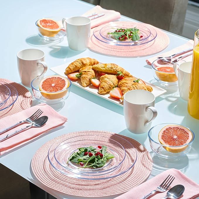 12pc Glass Dinnerware Set - Sleek Round Clear Glass Plate and Bowl Sets - Dishwasher Safe, Bread & Butter Dinner, Dessert, Salad Plates & Serving Cereal Soup Bowls Dishes for Kitchen Dining & Parties
