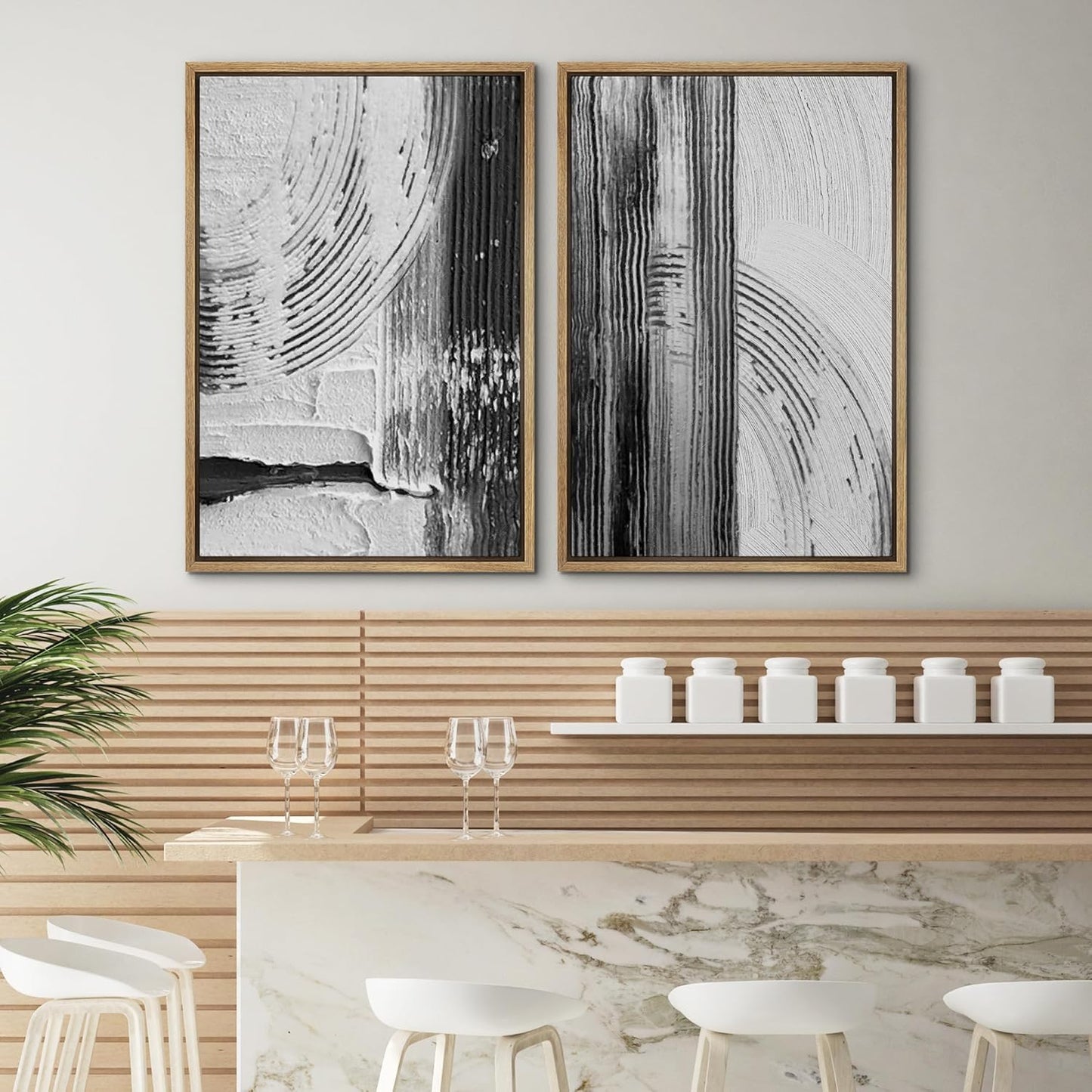 SIGNWIN Framed Canvas Print Wall Art Set Black White Industrial Paint Strokes Abstract Shapes Illustrations Modern Art Minimal Decorative Nordic for Living Room, Bedroom, Office - 24"x36"x2 Natural