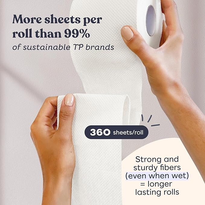 Betterway Bamboo Toilet Paper 3 Ply - Sustainable Toilet Tissue - 12 Double Rolls & 360 Sheets Per Roll - Septic Safe - Organic, Plastic & PFAS Free - FSC Certified