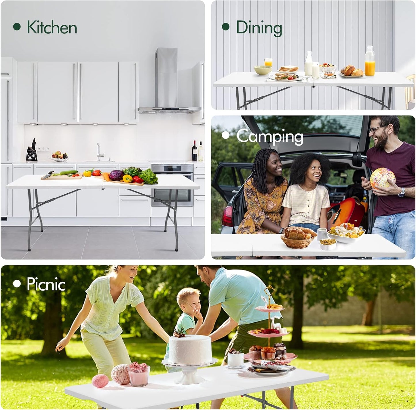 Folding Table 6ft Plastic Folding Table Indoor & Outdoor for Picnic, Camping,BBQ and Party, with Powder Coated Steel Legs and Built in Carry Handle, White