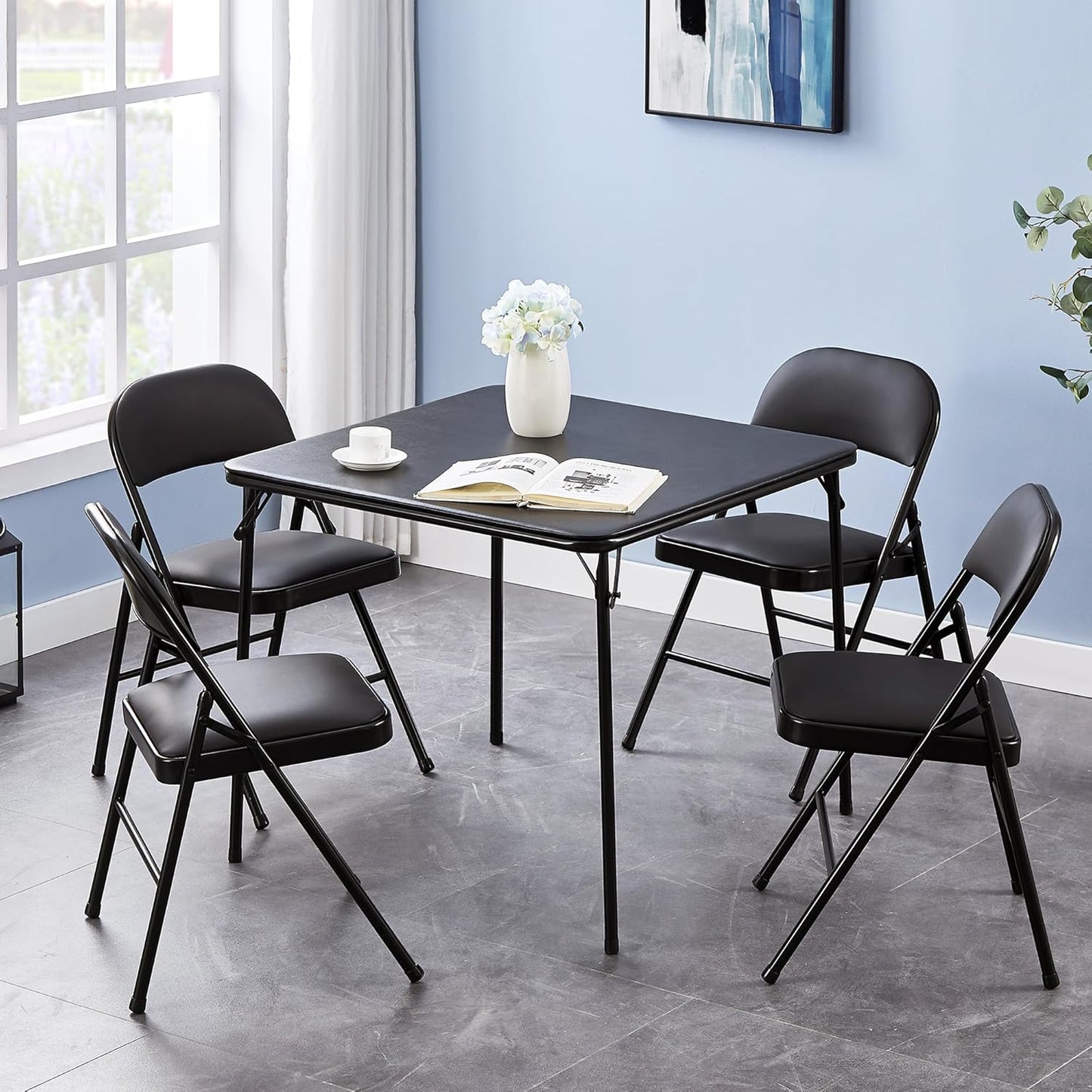 VECELO Folding Card Table and Chair Set of 5 Portable with Padded Tabletop, No Assembly Required, Black