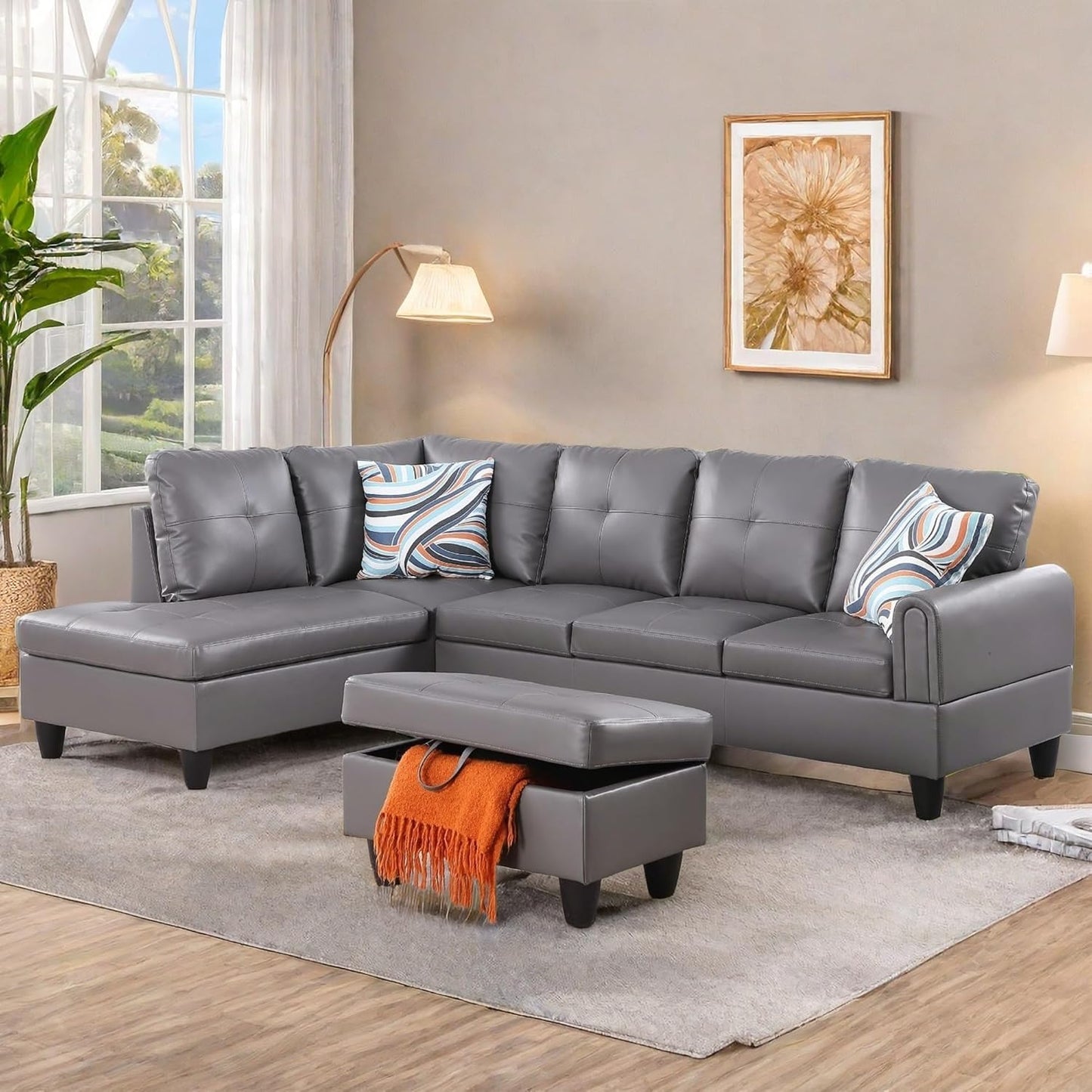 L Shaped Sectional Couches, Leather Couch Modular Sectional Sofa with Ottoman Storage, Modern L Shaped Couch with Chaise for Living Room Bedroom Apartment Furniture, Gray