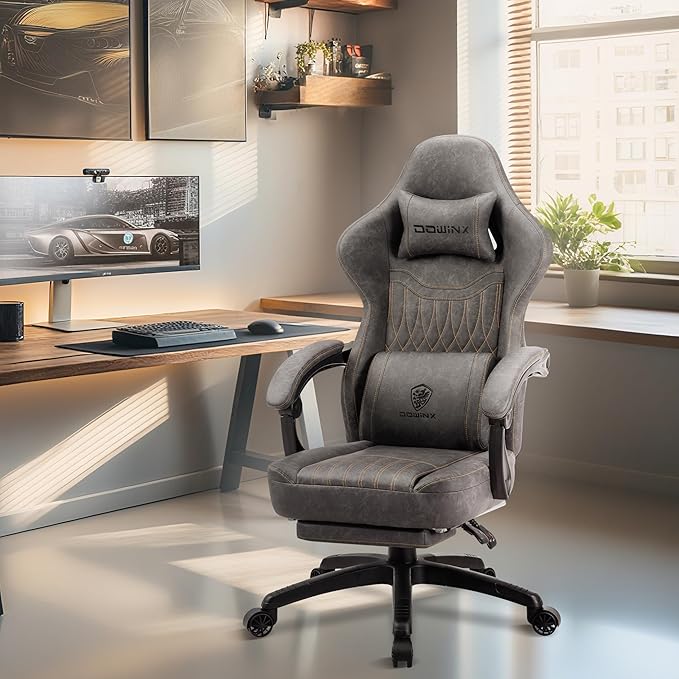 Dowinx Gaming Chair Breathable PU Leather Gamer Chair with Footrest Massage Lumbar Support, Big and Tall Ergonomic Reclining Computer Chair with Pocket Spring Cushion for Adults Teens (Grey)