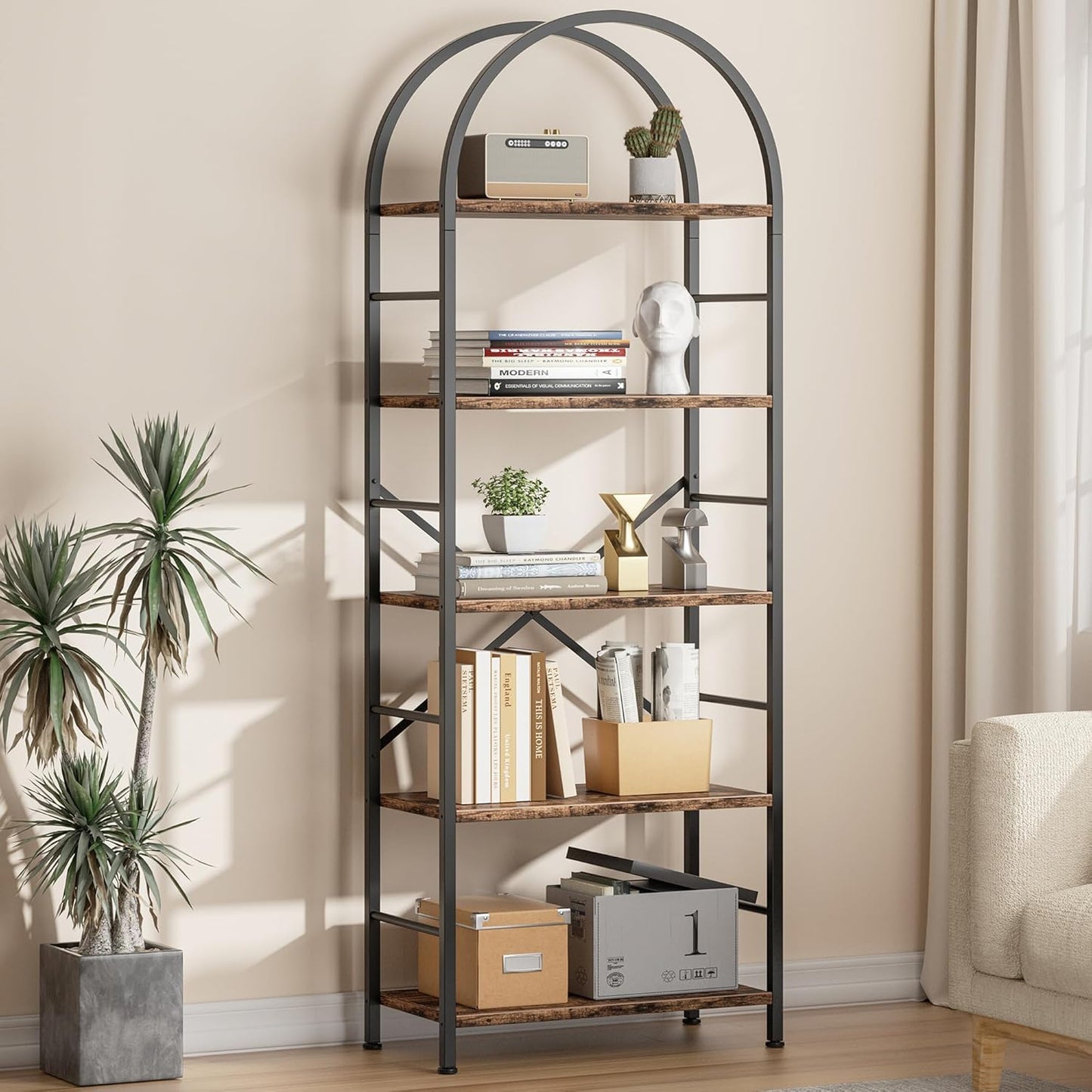 Shintenchi Bookshelf, Arched Bookshelf 5 Tier Bookcase, Tall Shelf for CDs/Books, Home Office Shelf Storage Organizer, Modern Book Shelf for Bedroom/Living Room, Rustic Brown