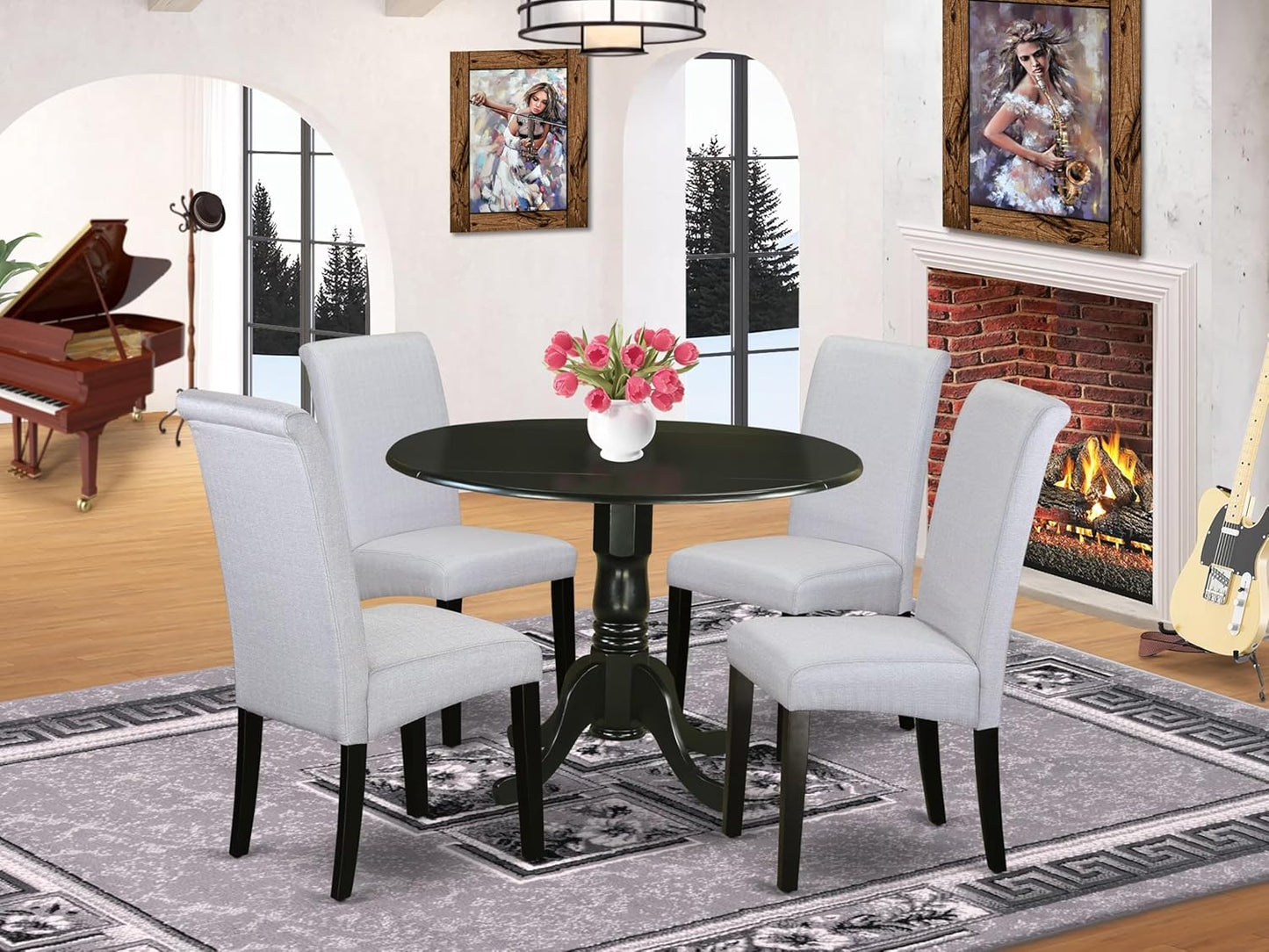 East West Furniture DLBA5-BLK-05 5 Piece Dining Set Includes a Round Dining Room Table with Dropleaf and 4 Grey Linen Fabric Upholstered Parson Chairs, 42x42 Inch, Black