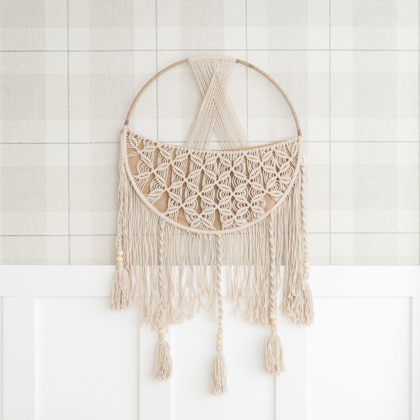 Crane Baby Charlie Farmhouse Macramé Boho Toy Bin with Tassels, Hanging Basket Nursery Decor, Stuffed Animal Storage, Wall Organizer for Playroom, Boho Baby Room Decor& Kids Room Organization