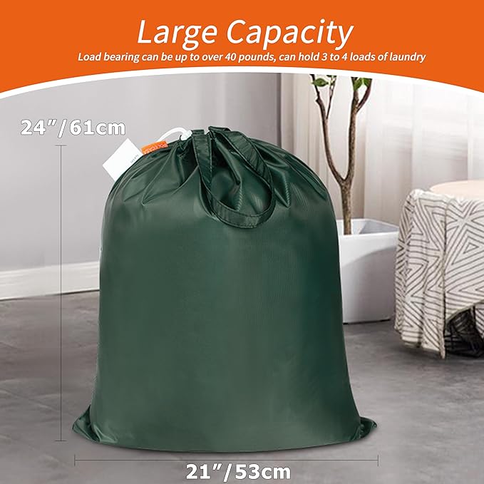 Polecasa Small Heavy Duty Laundry Bag with 130gsm Tear Resistant Fabric and Handles, Easy to Carry Durable Dirty Clothes Drawstring Bag, Perfect for College Dorm, Travel 21”x24”, Green