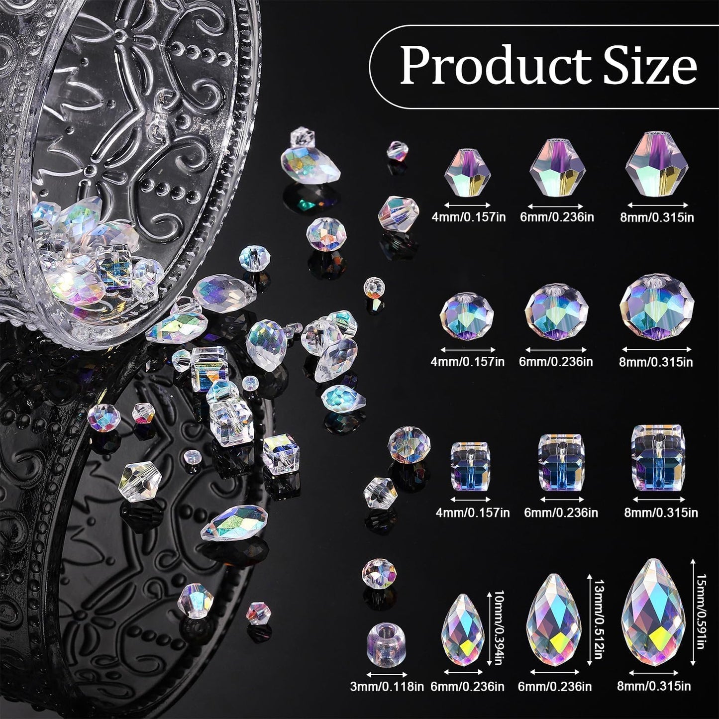 Song Xi 1500PCS Glass Beads for Jewelry Making, Assorted Faceted Crystal Beads Kit for Bracelet Earring Necklace, Horizontal Hole Crystal Teardrop for DIY Clear Christmas Gift (AB White)