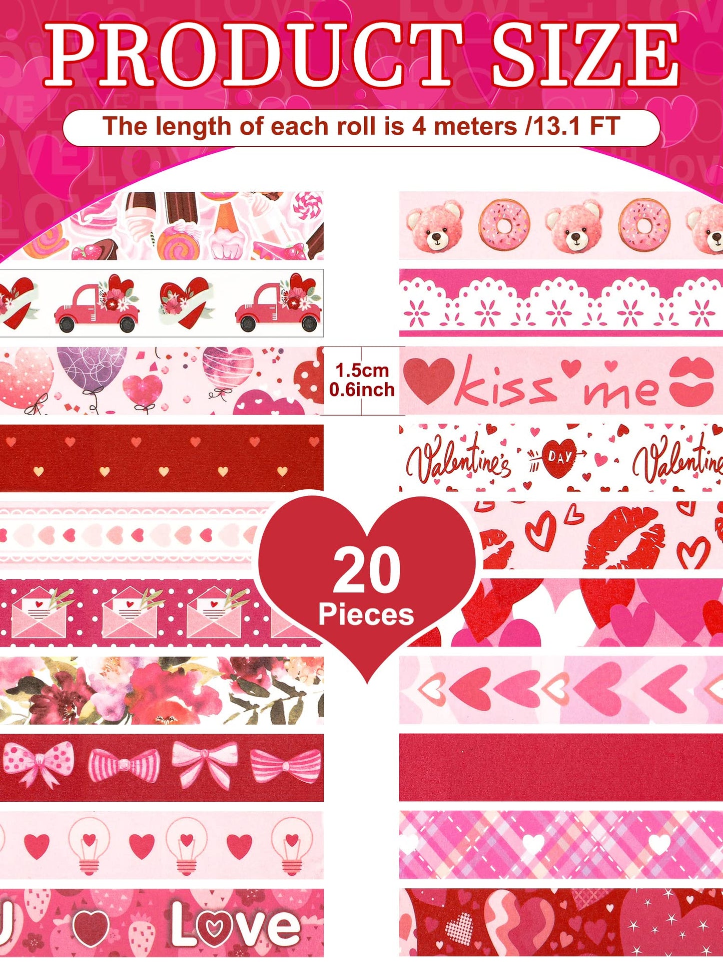 20 Rolls Valentine Washi Tape Set Heart Holiday Love Pink Masking Tape Paper Supplies for DIY Crafts Wrapping Scrapbook Party Favors