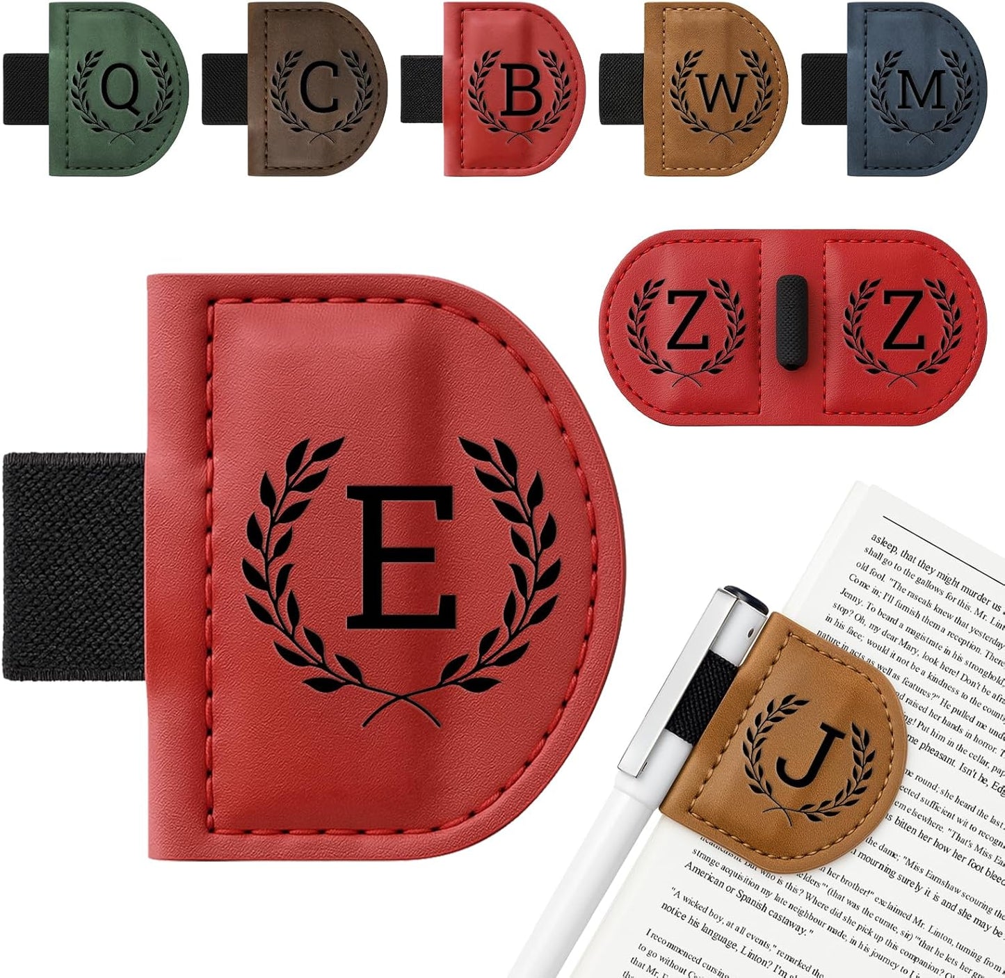 Personalized Bygone Mark Bookmark with Pen Holder,Engraving Leather Magnetic Bookmarks Vintage 26 Letters Name Initials Text Book Marker Clips Gifts for Reading Book Lovers Women (Red, E)