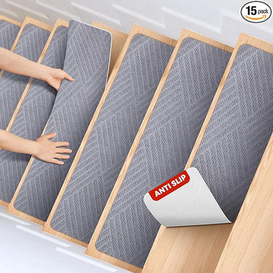 MBIGM 8 X 30inches, 15 in Pack, Non-Slip Carpet Stair Treads Non-Skid Safety Rug Slip Resistant Indoor Runner for Kids Elders and Pets with Reusable Adhesive, Light Gray Weave
