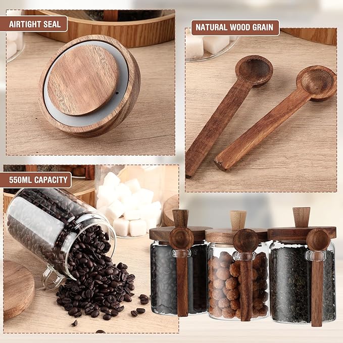 Remerry Set of 6 Glass Jar with Wooden Lid and Spoon, 20 oz Clear Airtight Spice Canisters Glass Food Storage Kitchen Containers Set for Coffee Bean Tea Sugar