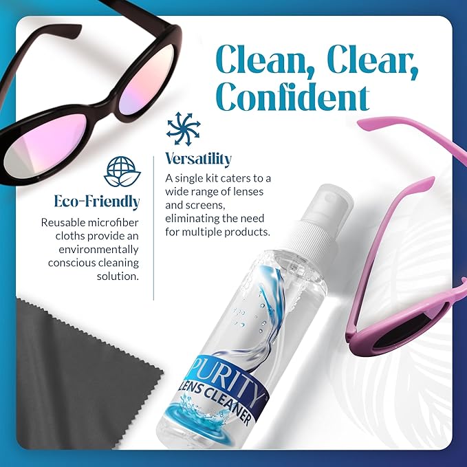 Purity Eyeglass Lens Cleaner Kit - 3 x 1oz Travel Size Lens Cleaner Spray Bottle + 2 Microfiber Cleaning Cloths - Safe for All Lenses (AR Coated Included), Eyeglasses and Screens - Clear