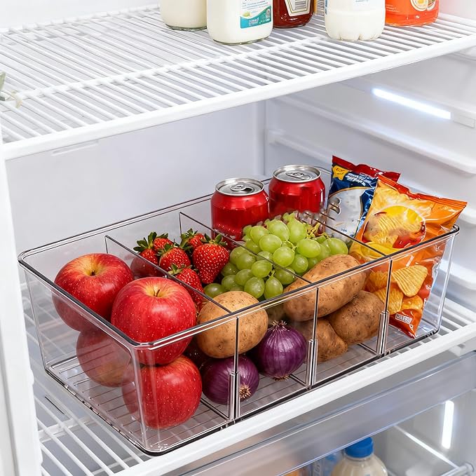 8 Pack Refrigerator Organizers and Storage,Clear Plastic Storage Bins with 3 Dividers for Pantry,Kitchen,Fridge Organization and Storage,Snack Containers for Spice Packets,Tea bag organizer