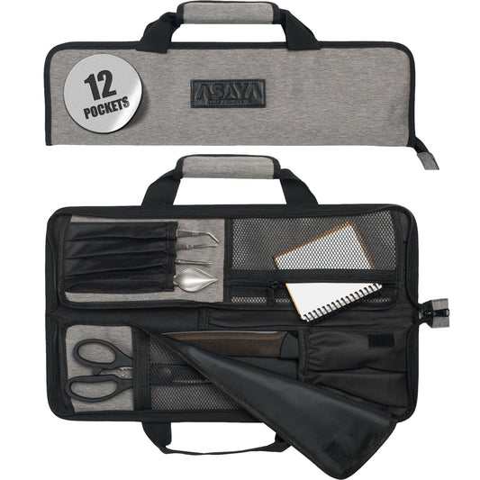 Asaya Chef Knife Roll Bag - 12-Pocket Chefs Case for Kitchen Knives and Utensils, Lightweight Stain-Resistant Waxed Nylon Chef Knife Bag - Knives Not Included (Grey)