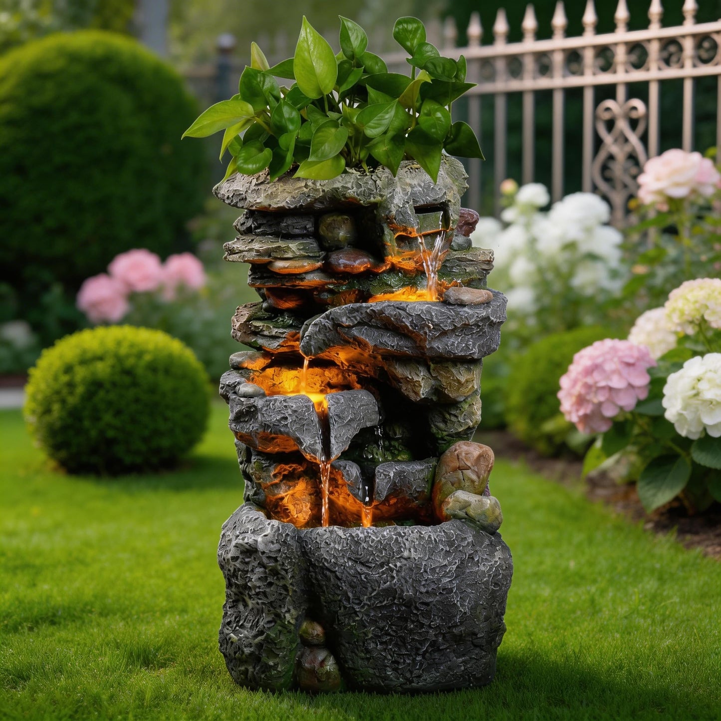 23" Tall Outdoor Water Fountain with Built-in Planter, 3-Tier Cascading Rock Waterfall with Warm LED Lights, Relaxing Zen Garden Fountain Decoration for Patio, Yard, Porch & Deck