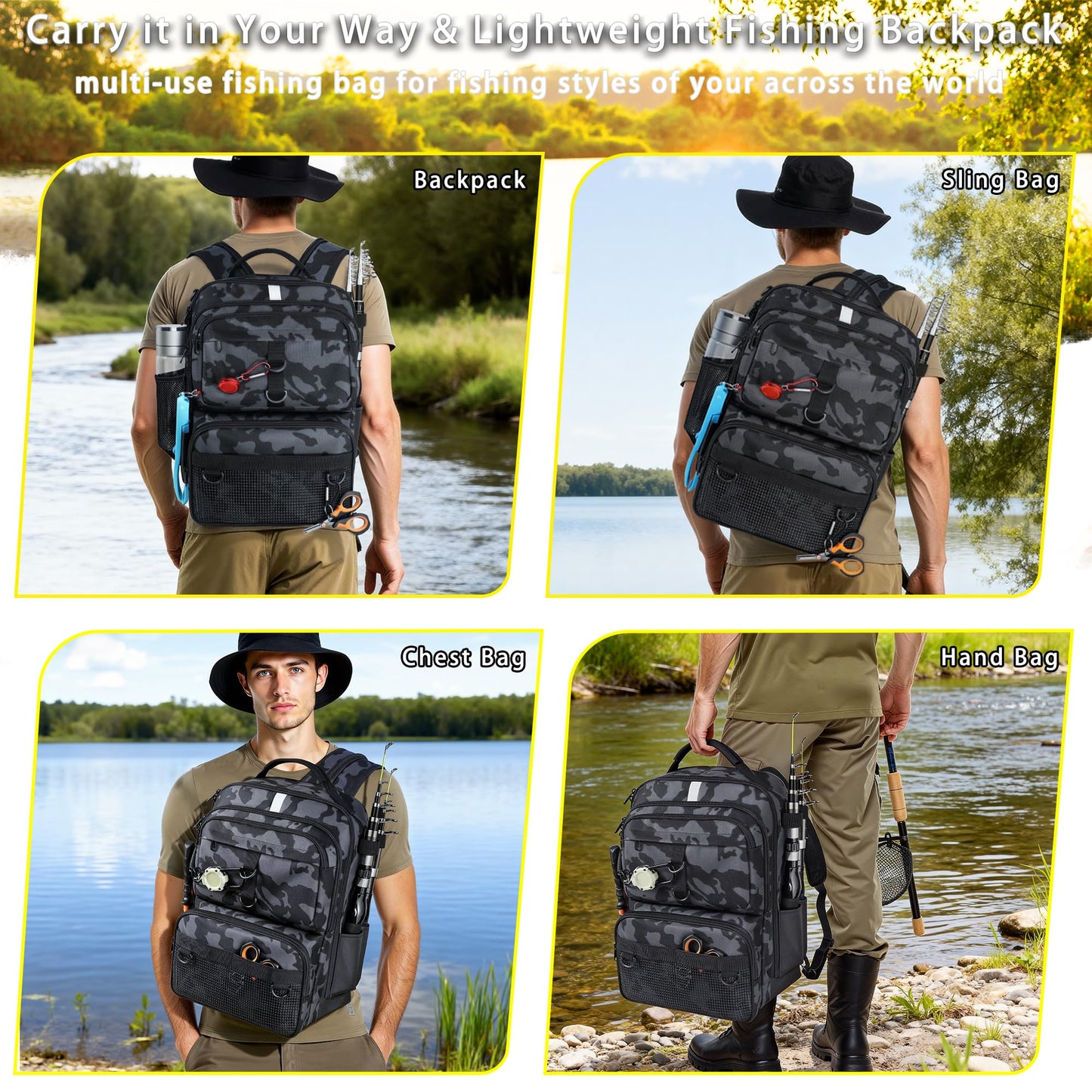 SKAITU Fishing Backpack with Tackle Boxes and Rod Holder, 24L Fishing Sling Bag with Fishing Lures Kit, Fishing Gear Bag Gifts for Men Women - Black Backpack