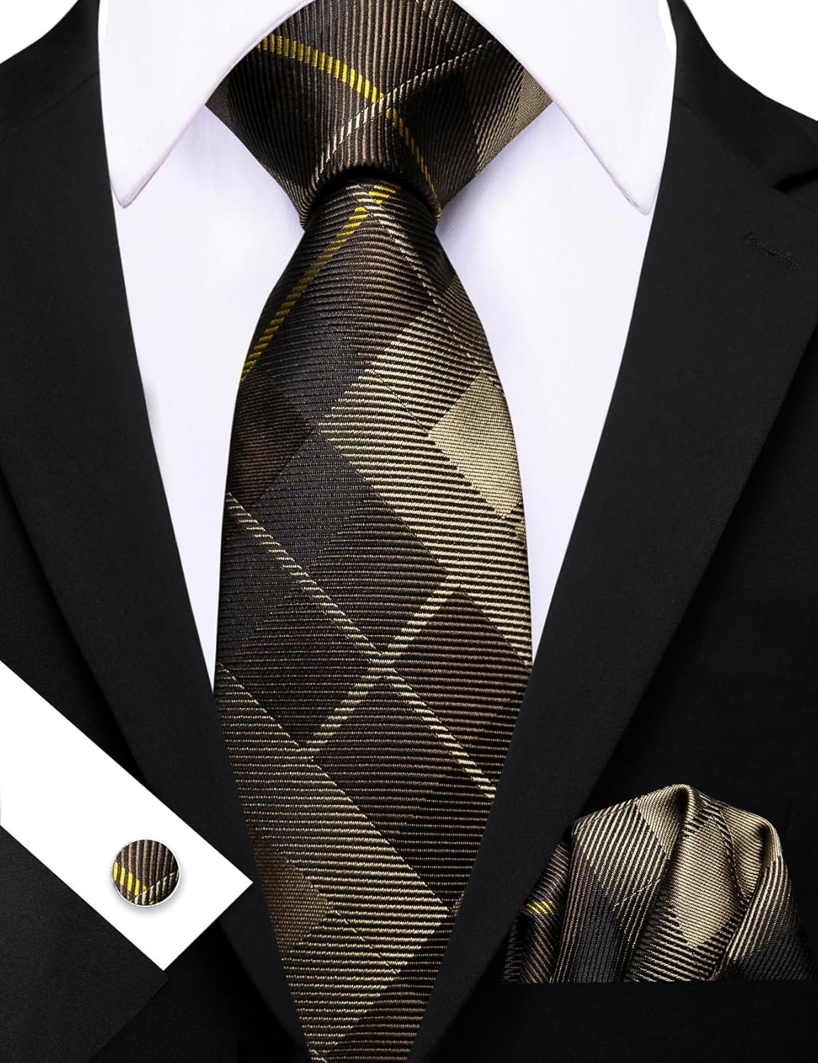 Barry.Wang Designer Classic Ties for Men Set Formal Pocket Square Cufflink Check Plaid