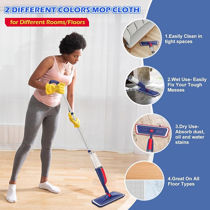 Spray Mops for Floor Cleaning: MEXERRIS Wet Dust Mops with 4 Washable Mopping Pads 2 Refillable Bottles - Flat Floor Mop with Sprayer Home Commercial Use for Hardwood Wood Laminate Ceramic Tiles