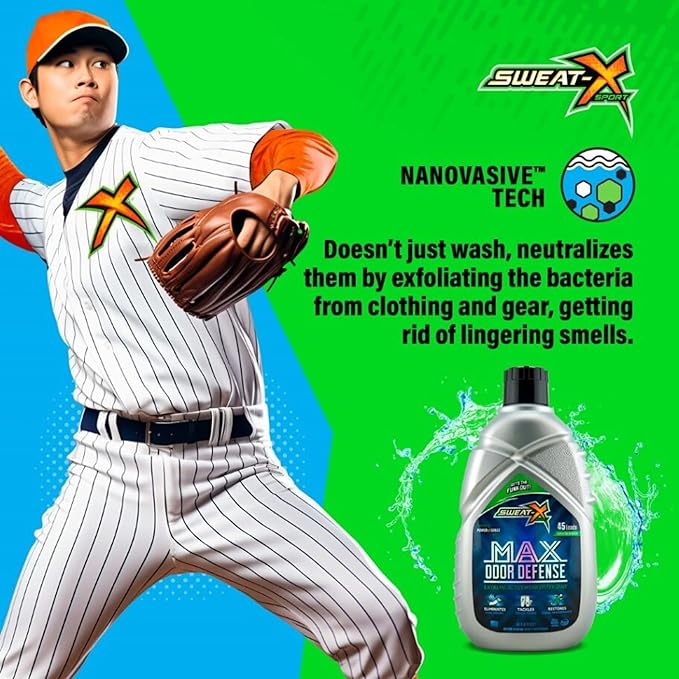 Sweat X Original Max Odor Defense Laundry Detergent – Remove the Worst Odors & Toughest Stains – High Performance Sports Wash for Training Gear & All Fabric Types – 45 Loads/Bottle – 4 Pack