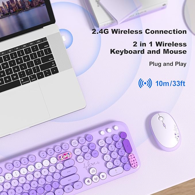 MOFII Wireless Keyboard and Mouse Combo, Cute Retro Typewriter Keyboard and Silent Mouse, 2.4GHz Full Size Computer Keyboard Wireless Mouse Set for PC, Laptop, Desktop, Windows (Purple Colorful)