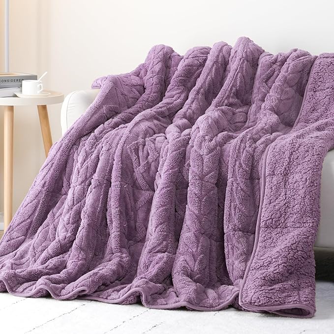 Cottonblue Jacquard Weighted Blanket 15 lbs for Adults Queen Twin Full Size, Fuzzy Sherpa Fleece Weighted Throw Blankets 60x80 in for Relax & Sleep, Cozy Heavy Bed Blankets with Cemaric Beads, Purple