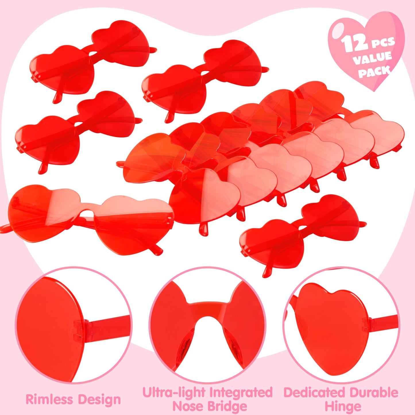 JOYIN 12 Pack Valentine Day Heart Shape Glasses, Rimless Sunglasses, Classroom Exchange Gift for Kids, Stylish and Safe Eyewear in Red, Rimless Glasses for Women and Girl, Party Favor Holiday Reward