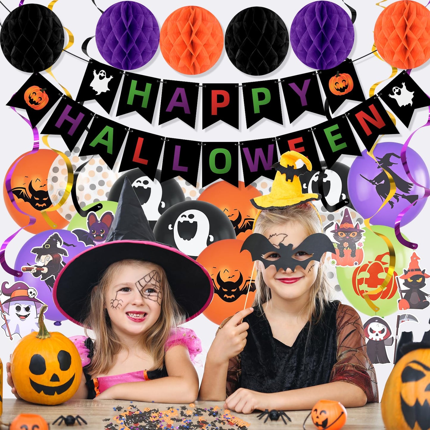 Happy Halloween Decorations Banner Supplies, Boo Classroom Hanging Cute Decoration Kit Dots Hanging Garland Honeycomb Ball Swirl Streamers for Halloween Party Decor Indoor Adult
