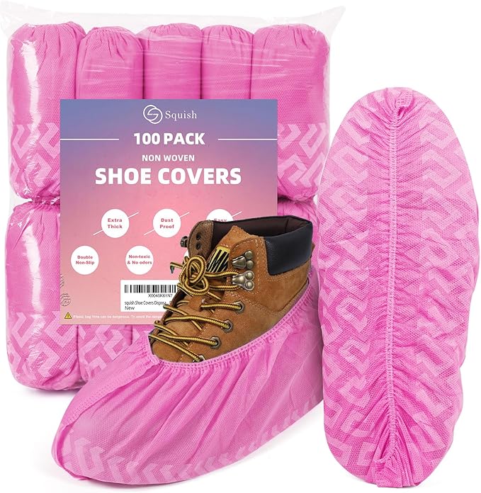 squish Shoe Covers Disposable Non Slip, 100 Pack(50 pairs) Pink Thick Extra Disposable Boot Covers Slip Proof Shoe Cover for Indoors Outdoors Durable Protector Covers Fits Virtually Most Shoes