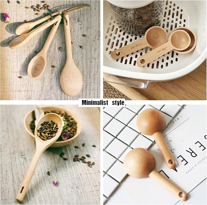 Set of 7pcs Wooden Measuring Spoons,Cute Measuring Cups for Measuring Dry Ingredients Sugar Spice Salt Baking Coffee Tea, Wood Kitchen Accessories,Ideal for Bakers, Chefs & Home Cooks