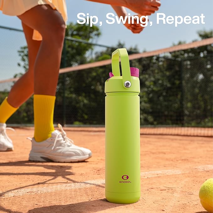 ENCOOL Insulated Water Bottle with Straw Stainless Steel Water Bottle, Leak-Proof, BPA-Free, Double Wall Vacuum Keeps Cold for 24 Hours for Sports, Travel, School (18 oz, Acid Green)
