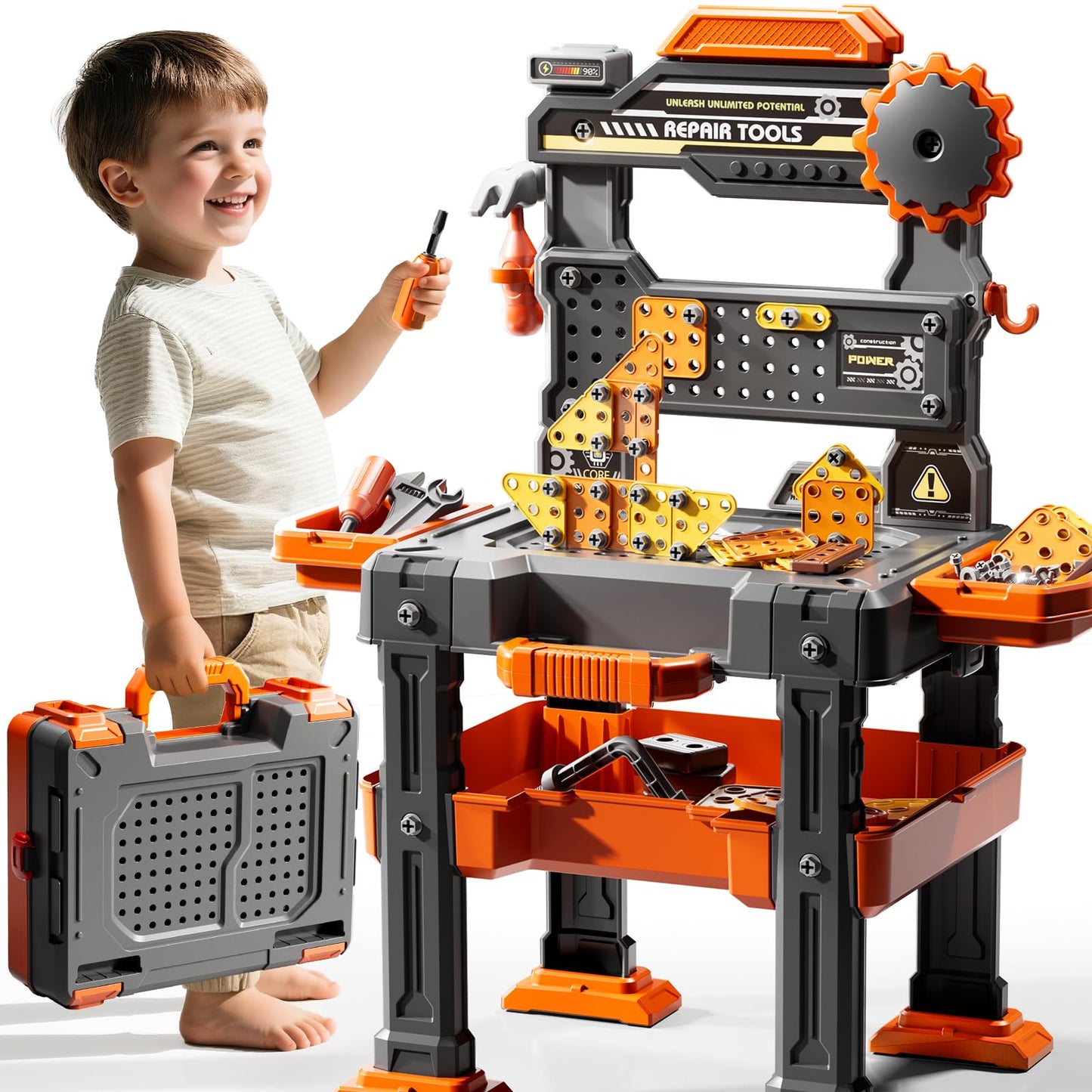 KIZONLY Kids Tools Toy Sets for Aged 3 4 5 6 7 8, 2 in 1 Workbench Toys for Toddlers 3-5, Pretend Play Toolbox, Construction Mechanic Set with Sound, Educational Birthday Gift for Boys Girls Ages 3-8