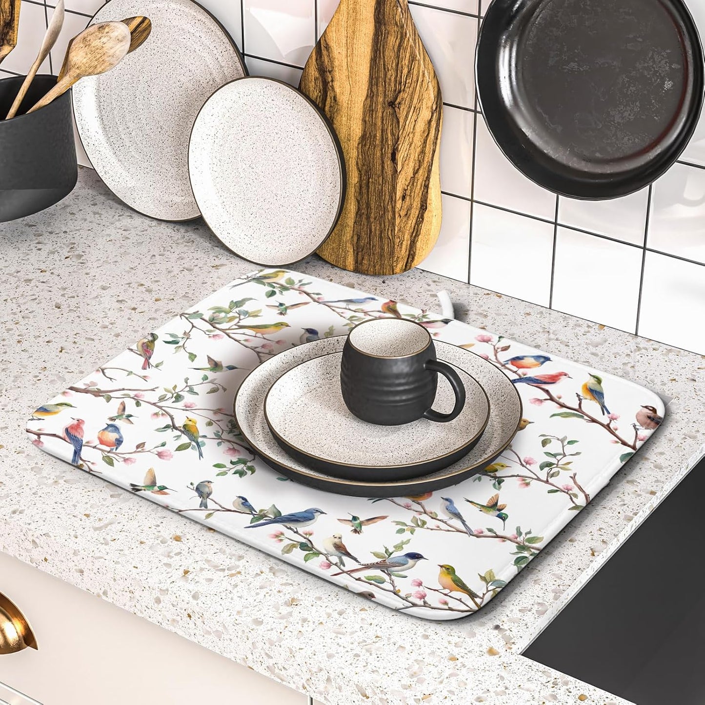 Floral Bird Dish Drying Mat for Kitchen Counter 16x18 Inch Spring Summer Bird Branch Flower Absorbent Reversible Microfiber Dish Pad Dish Drainer Rack Mats Countertops Protector Mat
