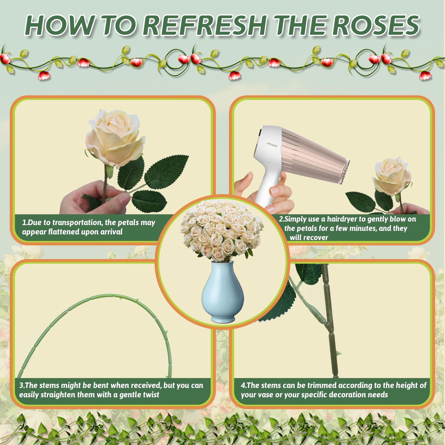 Jefuzh 50 PCS Fake Champagne Roses, Artificial Flowers Bulk Realistic Silk Faux Rose with Stems for Wedding Decorations, Bridal Bouquets, Mother's Day Thanksgiving DIY Floral and Home Decor