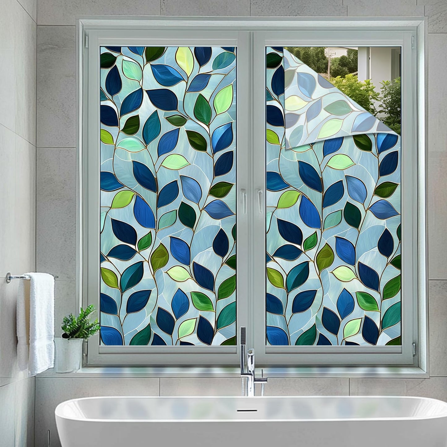 HOMETITUTE Green Leaf Window Privacy Film Blue Stained Glass Privacy Stained Glass Window Film Decorative Living Room Sun Blocking Decor Removable Static Cling Sticker 17.71x39.97inch