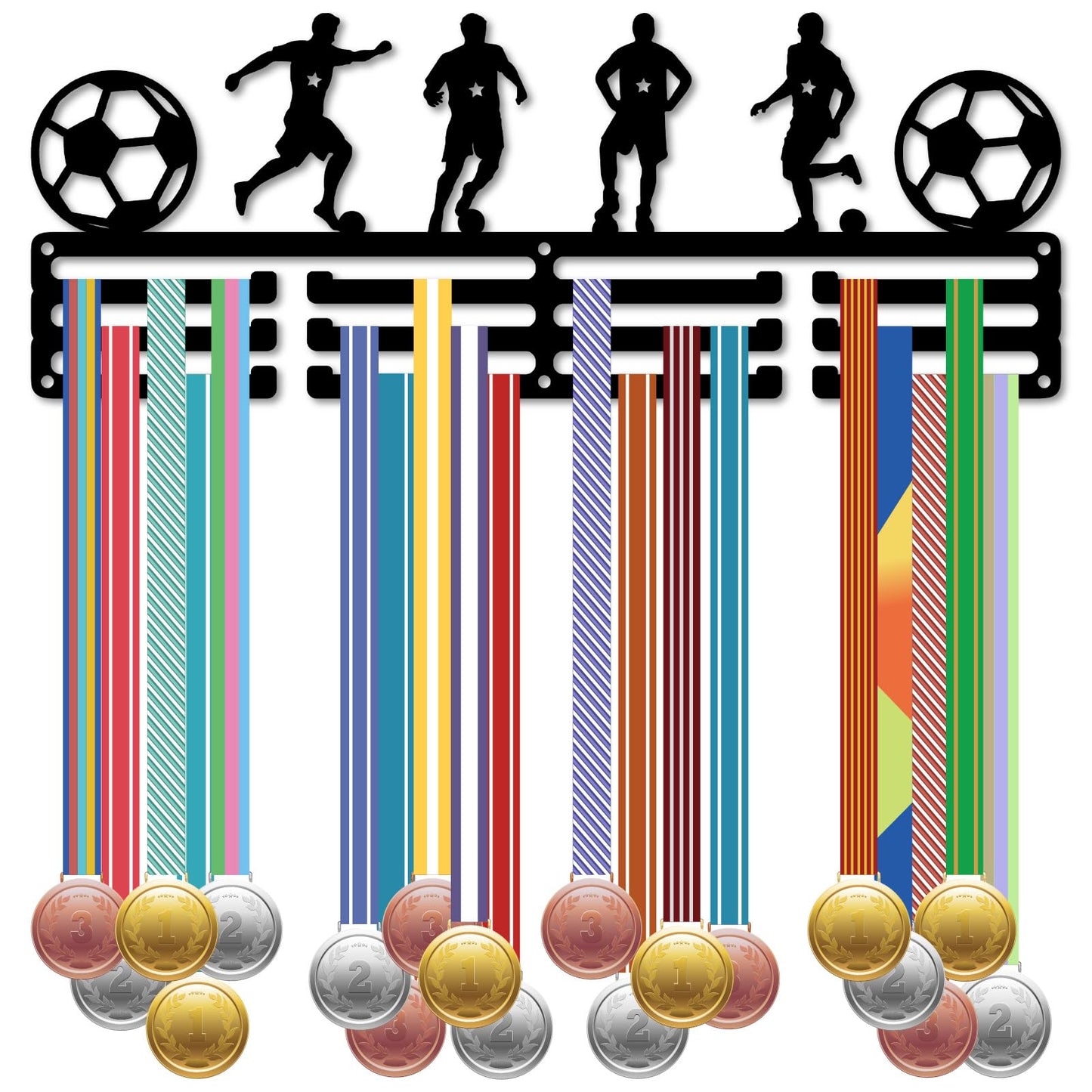 CREATCABIN Football Medal Holder Soccer Award Display Sports Race Medals Ribbons Organizer Metal Hanging Rack Iron Mount Decor for Wall Frame Home Badge Medalist Athlete Running Black 15.7x5.9 Inch