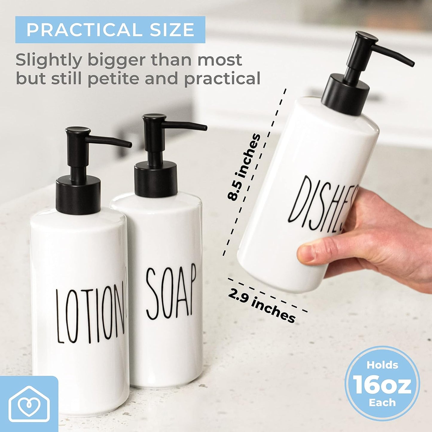 Heartland Home Porcelain 16oz Empty Liquid Dispenser Bottle for Hands. Hand Soap Dispenser for Bathroom, Hand Lotion Bottle, Lotion Pump Dispenser or Hand Sanitizer Pump for Hand Sanitizer Refill.