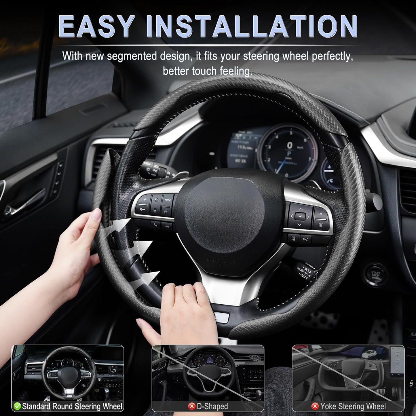 Amiss 3pcs Carbon Fiber Anti-Skid Steering Wheel Cover, Segmented & Butterfly Design, Universal 99% Car Wheel Cover Protector, Black