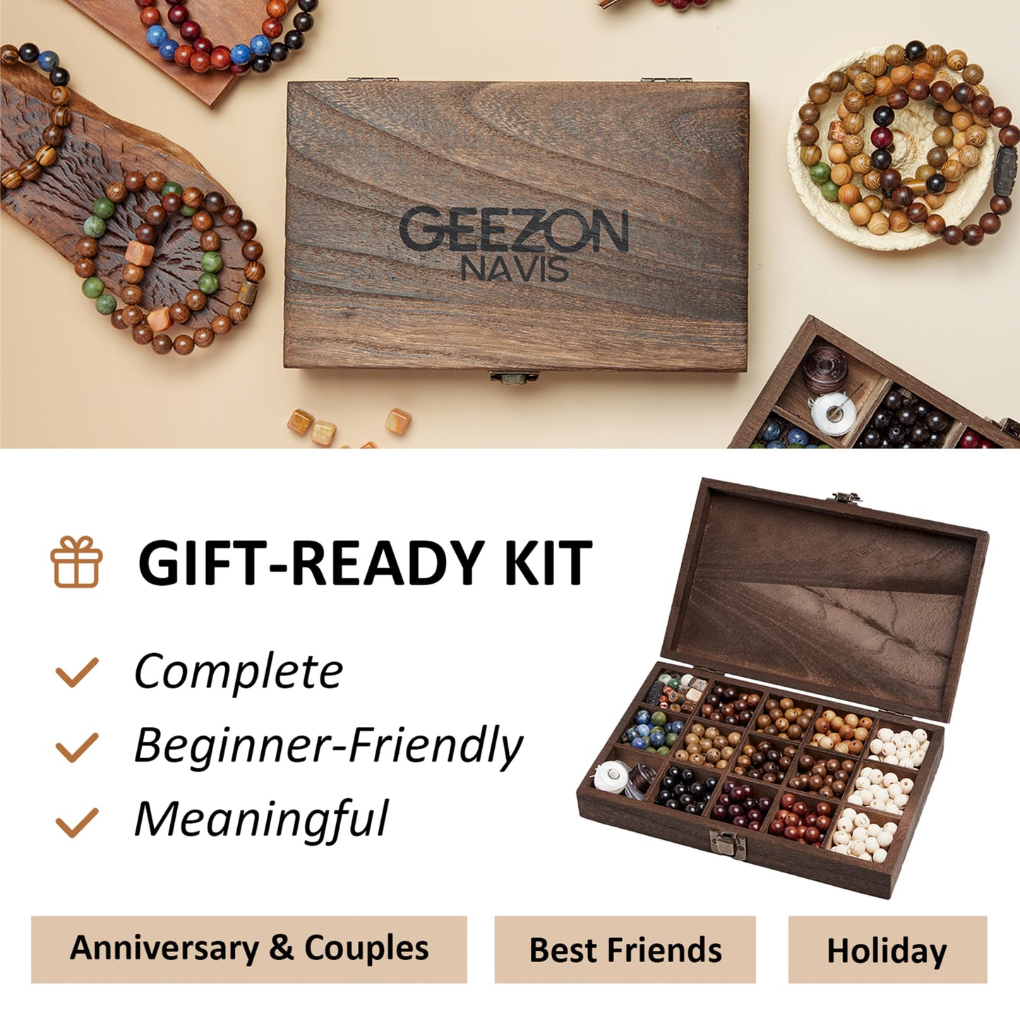 Geezon Navis Bracelet Making Kit - 10mm Natural Wooden Beads with Letters & Stone Beads - 296pcs in 16 Colors - DIY Jewelry Making Starter Kit Adult Men Women Birthday Gift Craft