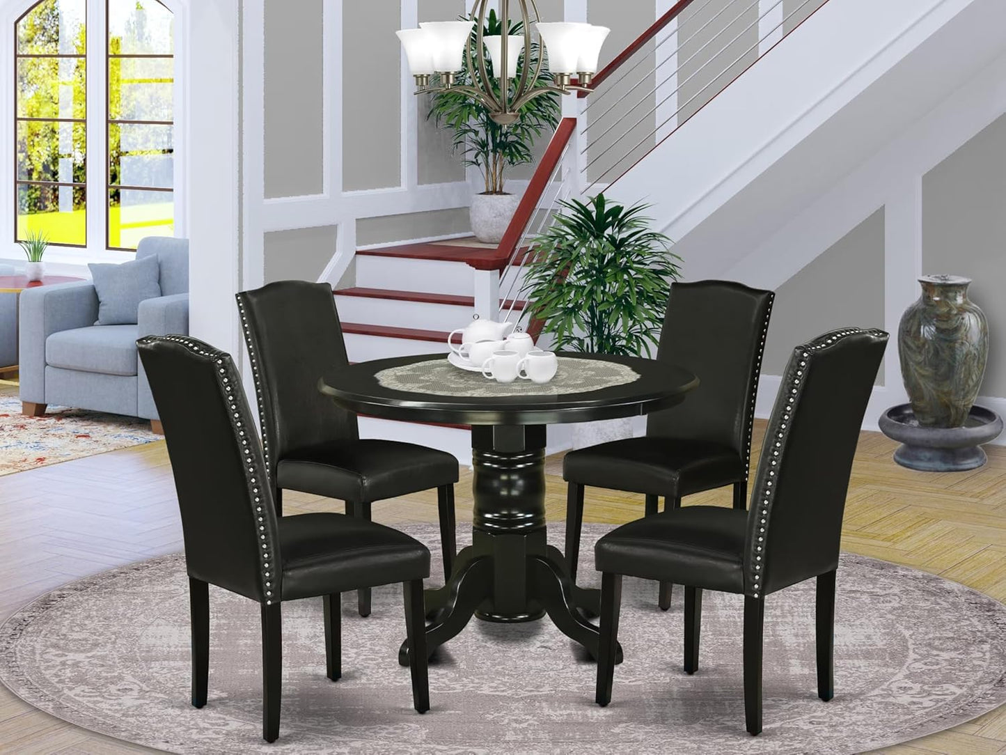 East West Furniture SHEN5-BLK-69 5 Piece Dining Room Table Set Includes a Round Kitchen Table with Pedestal and 4 Black Faux Leather Parson Dining Chairs, 42x42 Inch, Black