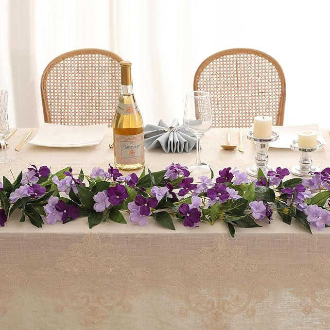 Floweroyal 2 Pack Artificial Flower Garlands 15.8FT Fake Impatiens Vines Silk Flowers Hanging Impatien Ivy for Wedding Arch Party Home Garden Wall Decor (Purple)