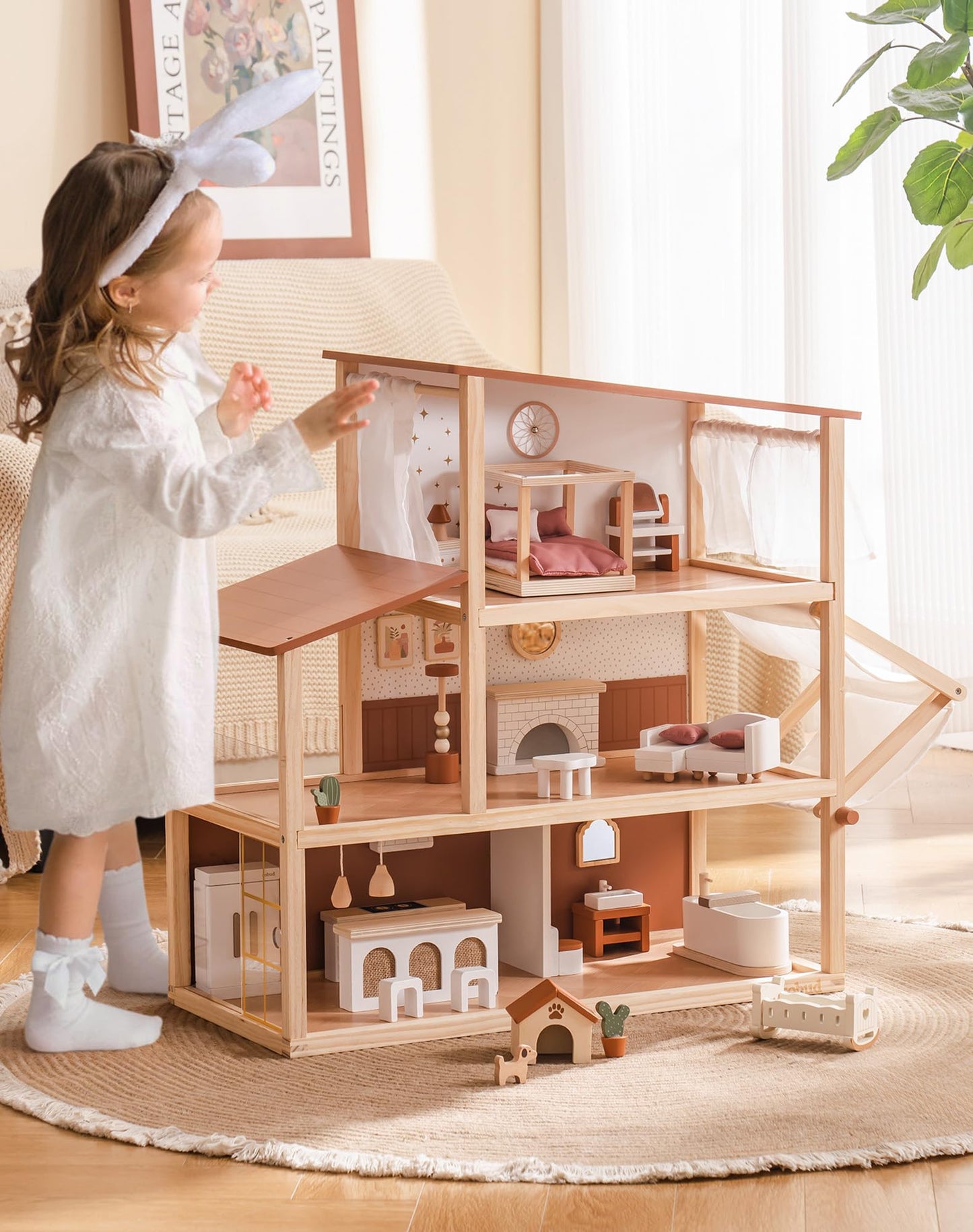 ROBUD Doll House - Wooden Bohemian Dollhouse with Realistic Design, Includes 37 Pieces of Furniture & Accessories for Kids Ages 3+