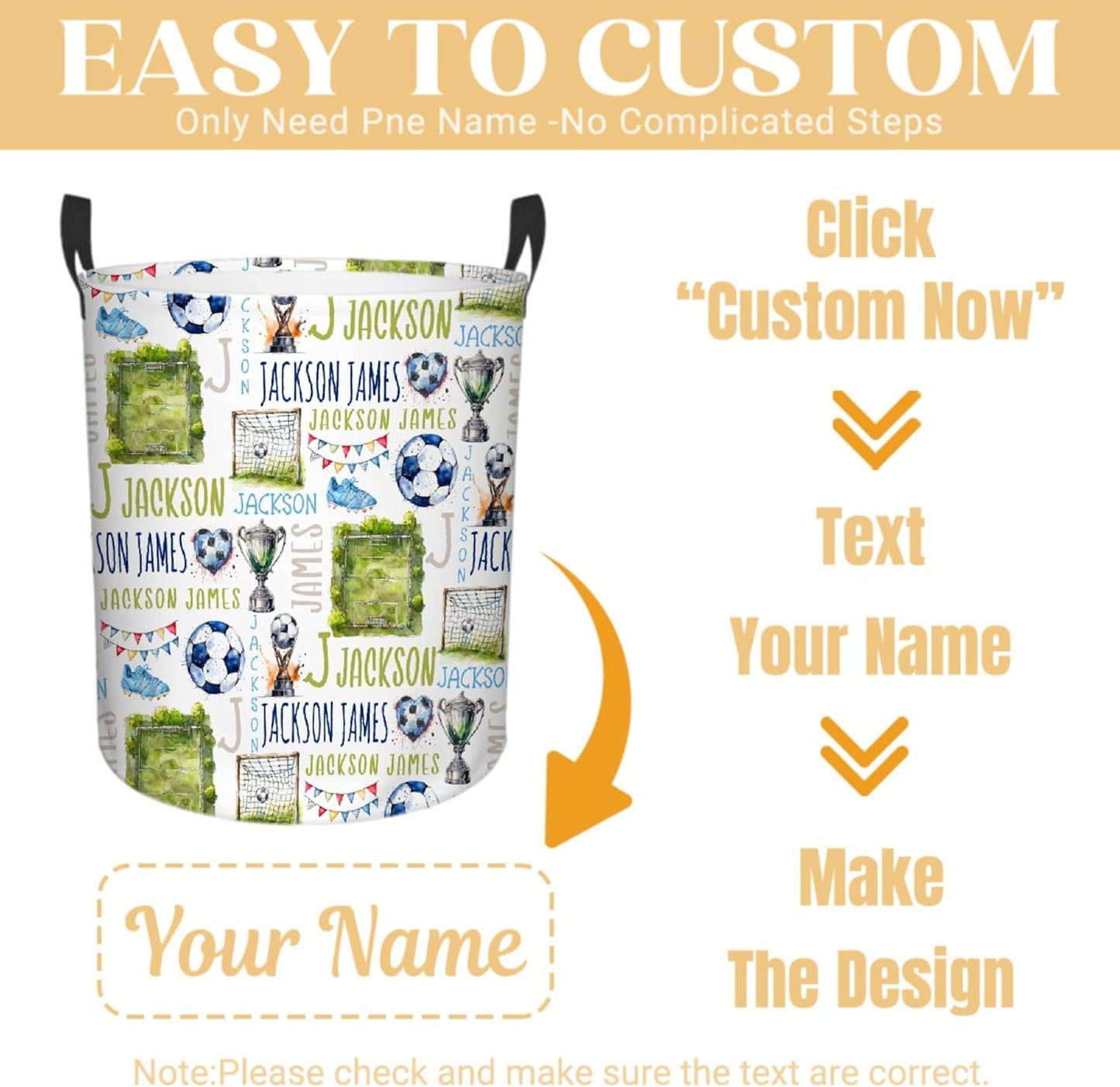 Personalized Soccer Laundry Basket, Custom Sports Laundry Hamper With Name Gifts For Kids Baby Adults, Collapsible Dirty Clothes Storage Organizer With Handles M 19.6 X 15.7in