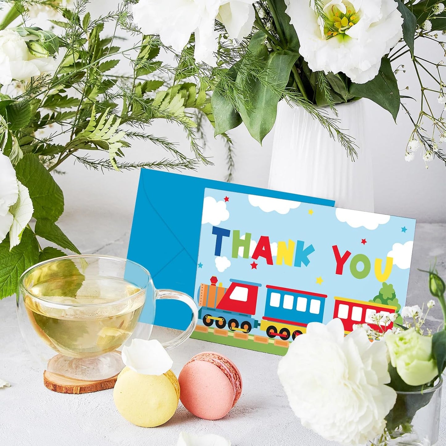 Whaline 24Pcs Cartoon Train Thank You Cards with Envelopes Stickers Blue Red Train Greeting Cards Blank Note Card for Birthday Baby Shower Party Supplies