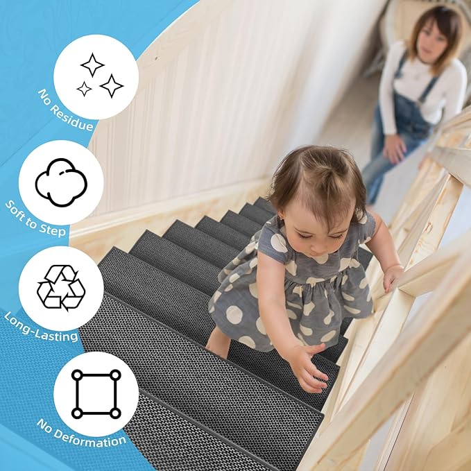 Art3d Stair Treads for Wooden Steps 15Pcs, 8" X 30" Non Slip Stair Runner Rugs with Reusable Adhesive for Elders Kids and Dogs, Machine Washable Peel and Stick Stair Treads Carpet, Black