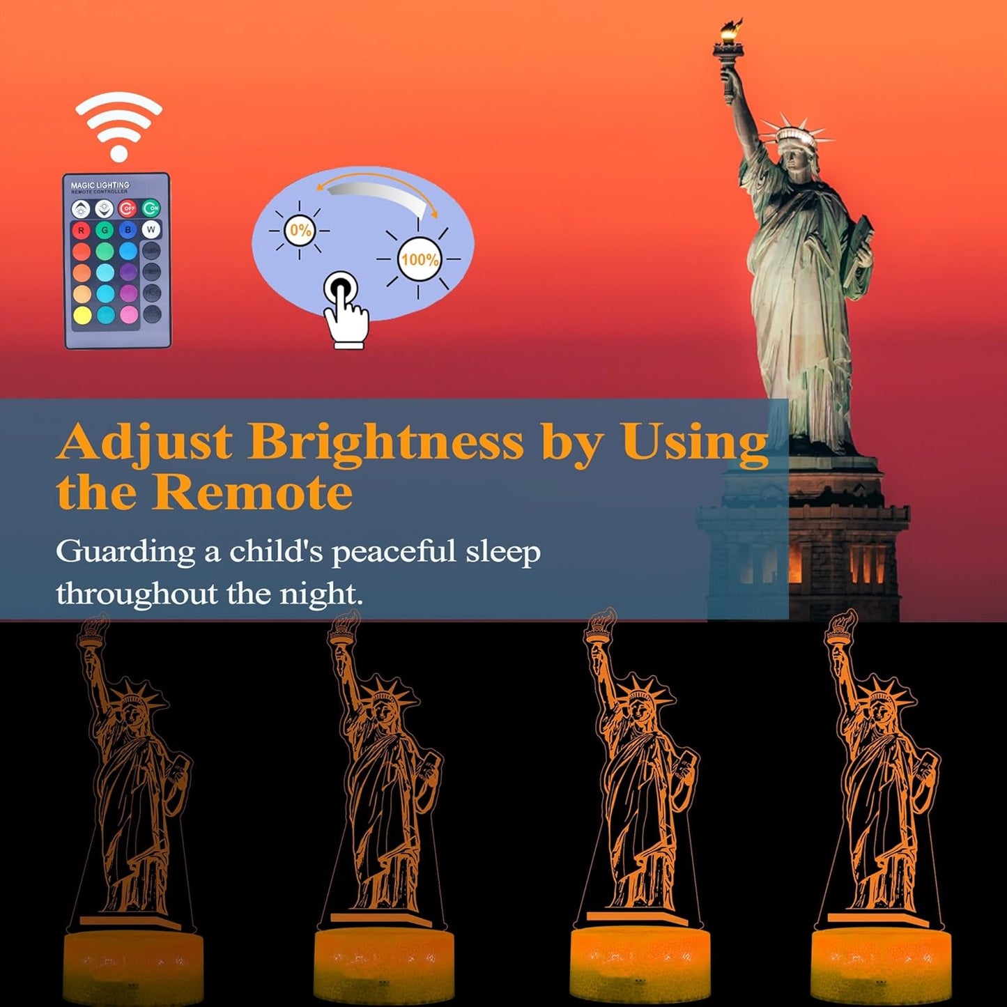 Statue of Liberty Night Light, 3D Illusion Lamp with 16 Colors Changing, Timer, 4 Flash Modes and Dimmable, Kids Boys Girls Room Decor, Holiday Xmas World Landmark Building Gifts