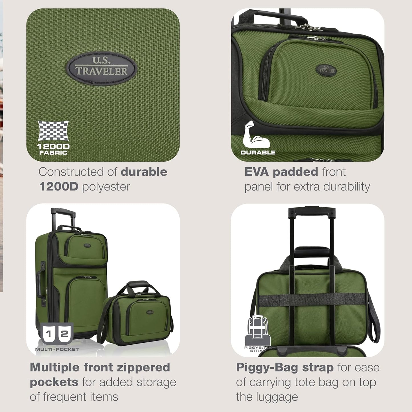 U.S. Traveler Rio Softside Expandable Carry-on Rolling Luggage, Green, 2 Wheel Set
