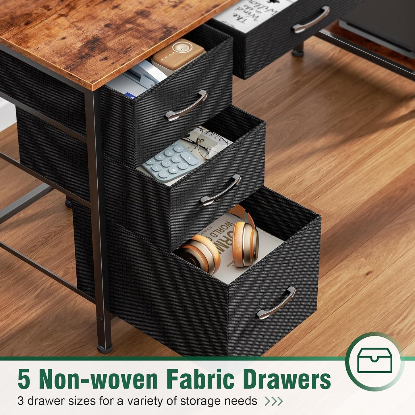 Computer Gaming Desk with Hutch, Home Office Desk with Power Outlets, LED Light, 5 Storage Drawers, 2 Tiers Shelves for Display, 47 Inch Modern Study Writing Table for Bedroom, Rustic Brown