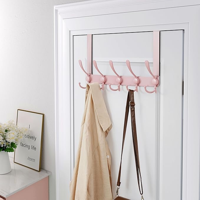 Dseap Over The Door Hook Hanger - 5 Tri Hooks, Heavy Duty Over The Door Towel Rack Coat Rack for Clothes Hat Towel, Pink, 2 Packs